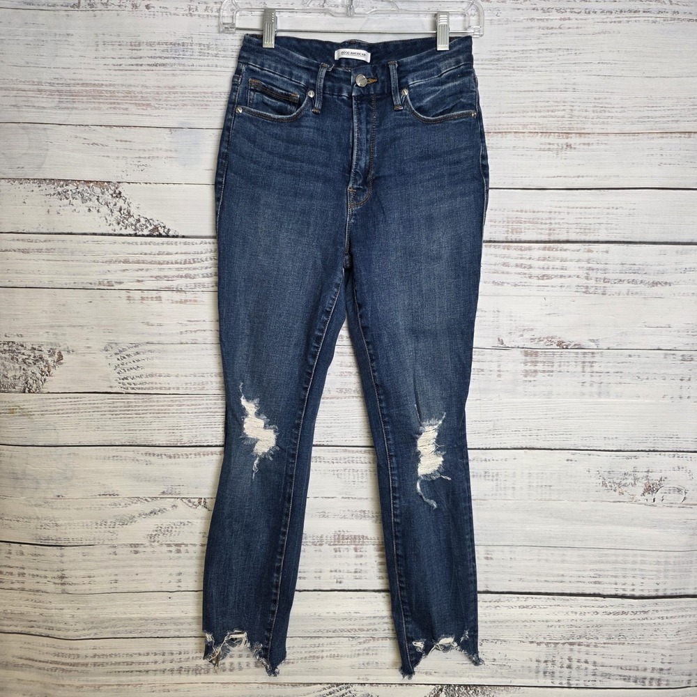 Good American Good Leg Cropped Ankle Jeans 4/27 Dark Wash Distressed Destroyed